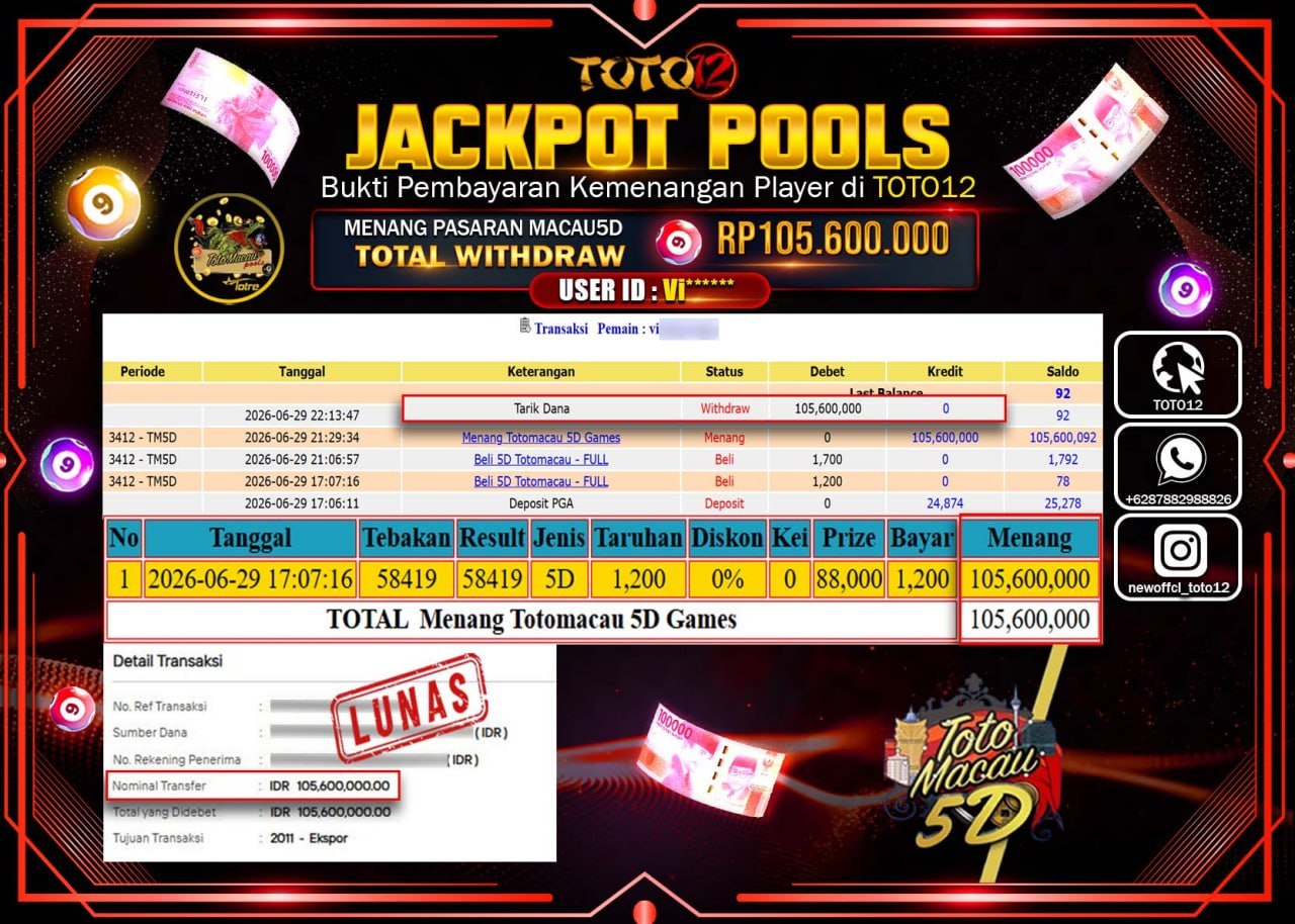 HANYA DI TOTO12 JP PASTI DI BAYAR LUNAS DAN CEPAT!!!!!! JACKPOT POOLS PASARAN (MACAU 5D) Rp105.600.000!!!!