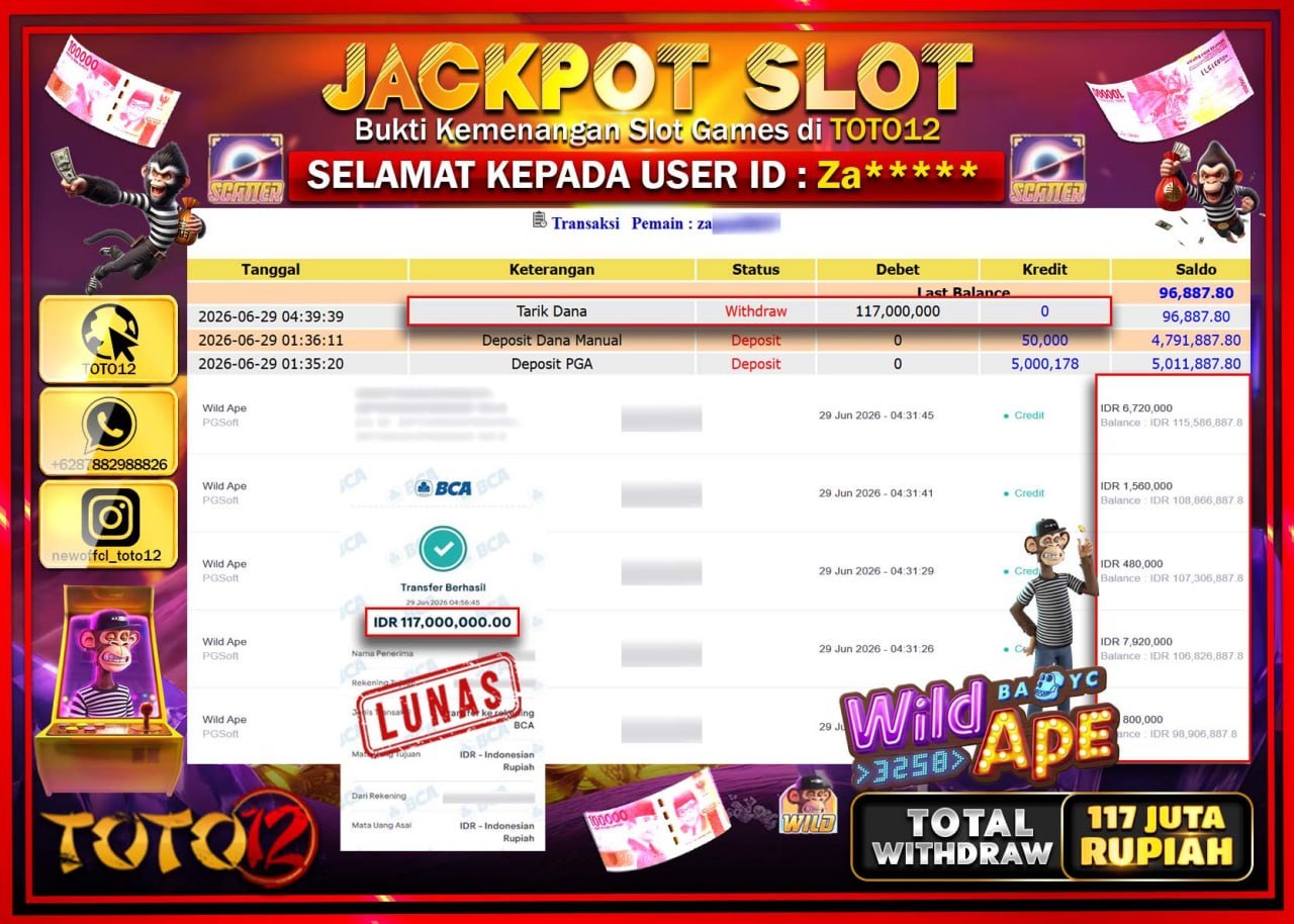 HANYA DI TOTO12 JP PASTI DI BAYAR LUNAS DAN CEPAT!!!!!! JACKPOT SLOT GAME (WILD APE) Rp117.000.000!!!!