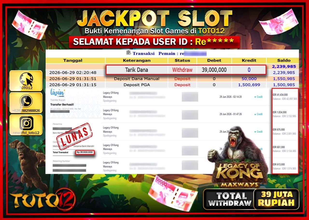HANYA DI TOTO12 JP PASTI DI BAYAR LUNAS DAN CEPAT!!!!!! JACKPOT SLOT GAME (LEGACY OF KONG MAXWAYS) Rp39.000.000!!!!
