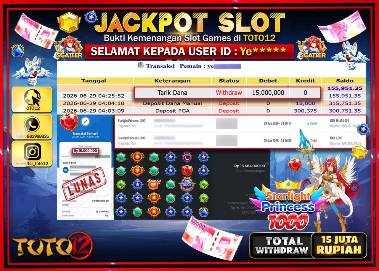 HANYA DI TOTO12 JP PASTI DI BAYAR LUNAS DAN CEPAT!!!!!! JACKPOT SLOT GAME (STARLIGHT PRINCESS 1000) Rp15.000.000!!!!