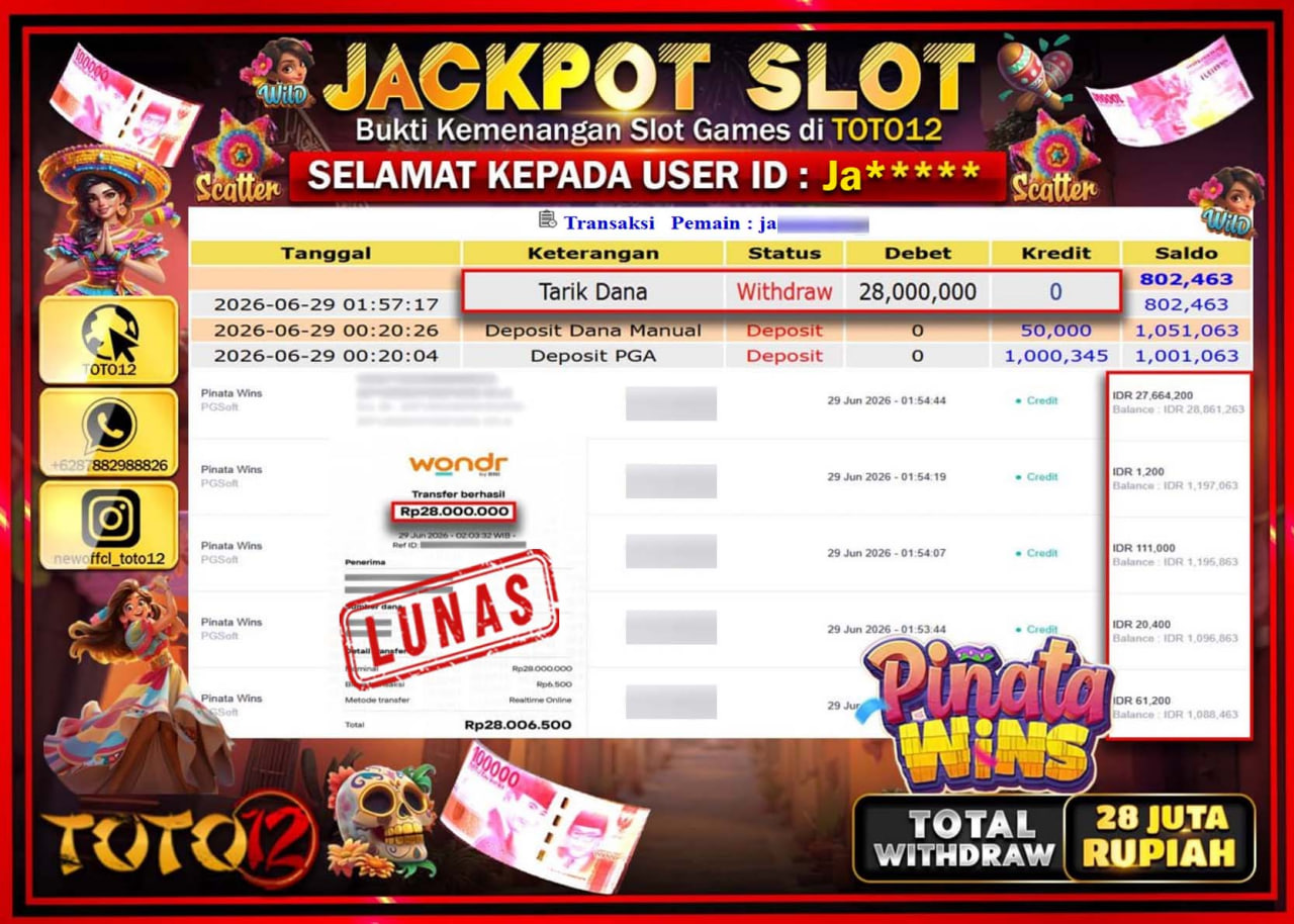 HANYA DI TOTO12 JP PASTI DI BAYAR LUNAS DAN CEPAT!!!!!! JACKPOT SLOT GAME (PINATA WINS) Rp28.000.000!!!!