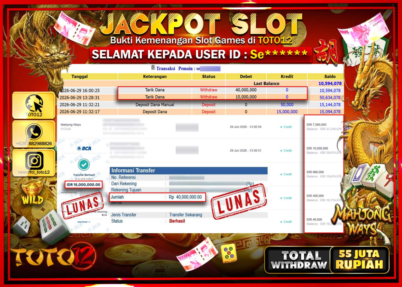 HANYA DI TOTO12 JP PASTI DI BAYAR LUNAS DAN CEPAT!!!!!! JACKPOT SLOT GAME (MAHJONG WAYS) Rp55.000.000!!!!