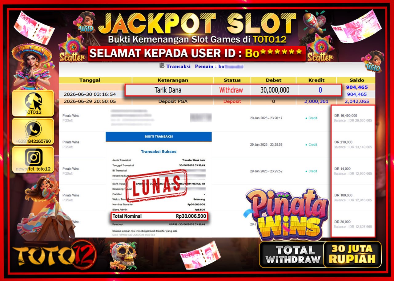 HANYA DI TOTO12 JP PASTI DI BAYAR LUNAS DAN CEPAT!!!!!! JACKPOT SLOT GAME (PINATA WINS) Rp30.000.000!!!!