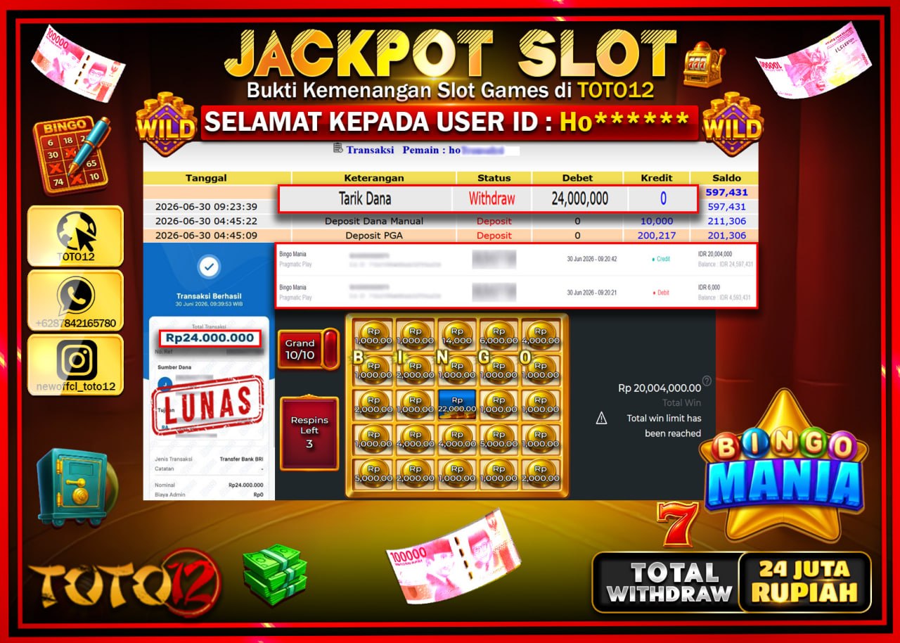 HANYA DI TOTO12 JP PASTI DI BAYAR LUNAS DAN CEPAT!!!!!! JACKPOT SLOT GAME (BINGO MANIA) Rp24.000.000!!!!