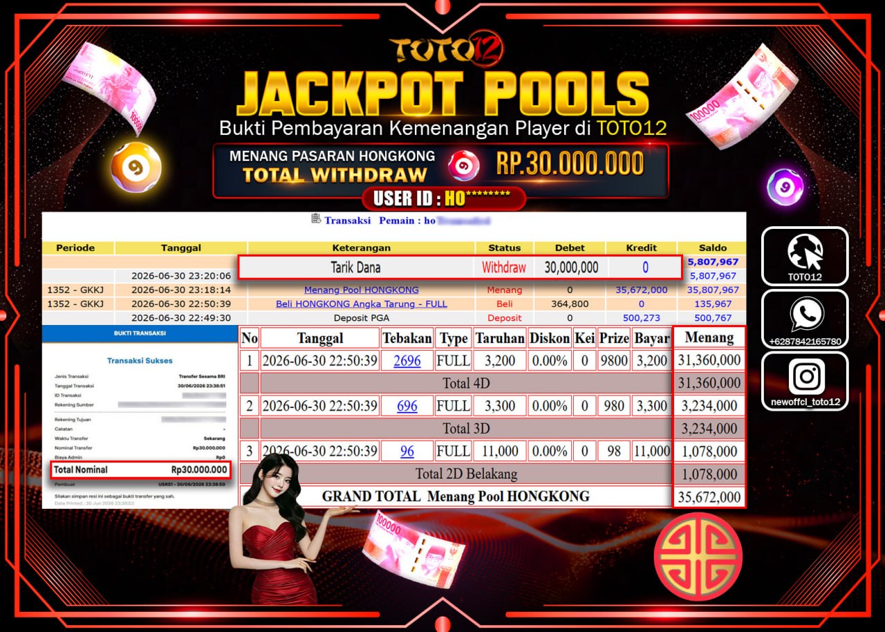 HANYA DI TOTO12 JP PASTI DI BAYAR LUNAS DAN CEPAT!!!!!! JACKPOT POOLS PASARAN (HONGKONG) Rp30.000.000!!!!