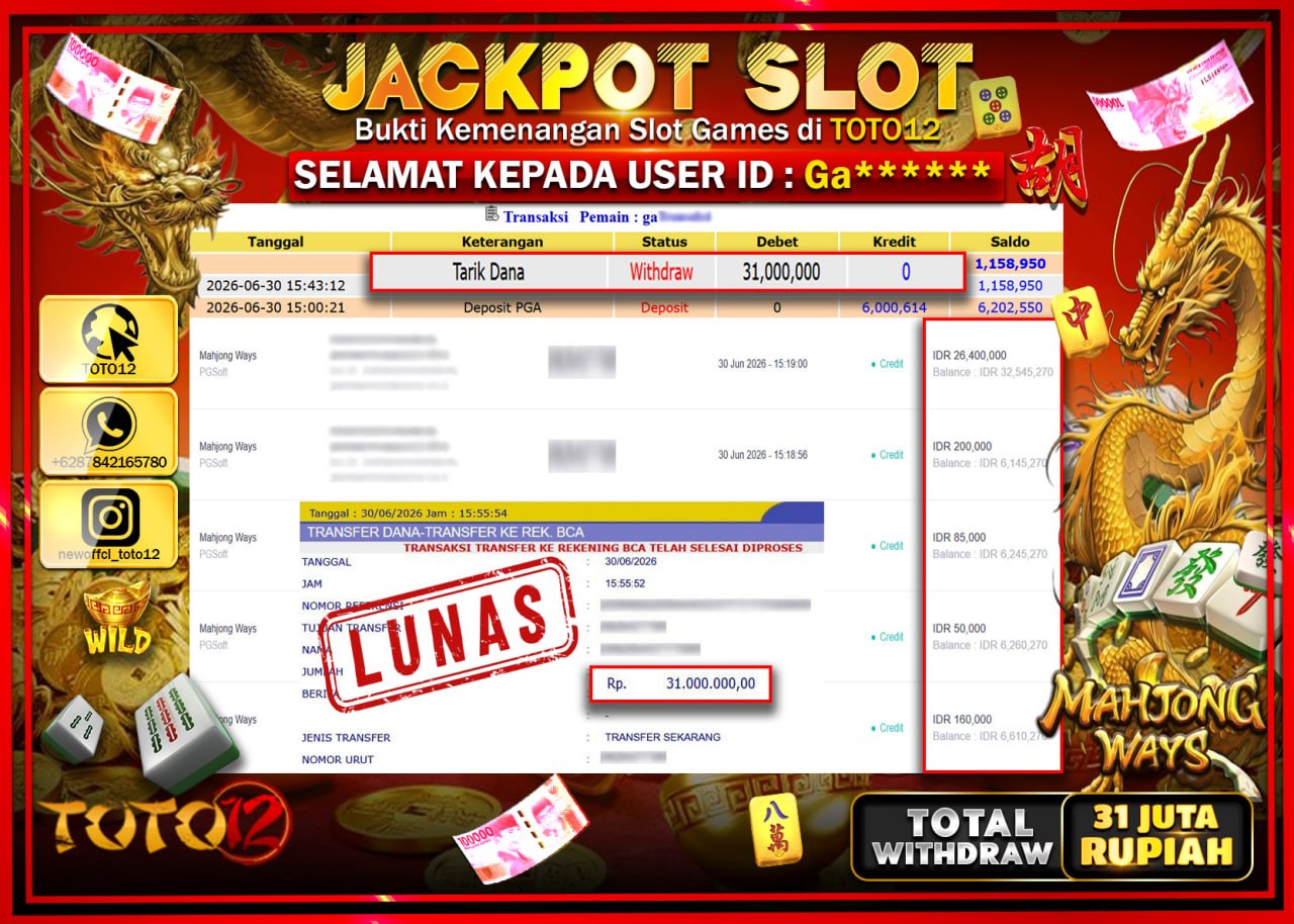 HANYA DI TOTO12 JP PASTI DI BAYAR LUNAS DAN CEPAT!!!!!! JACKPOT SLOT GAME (MAHJONG WAYS) Rp31.000.000!!!!