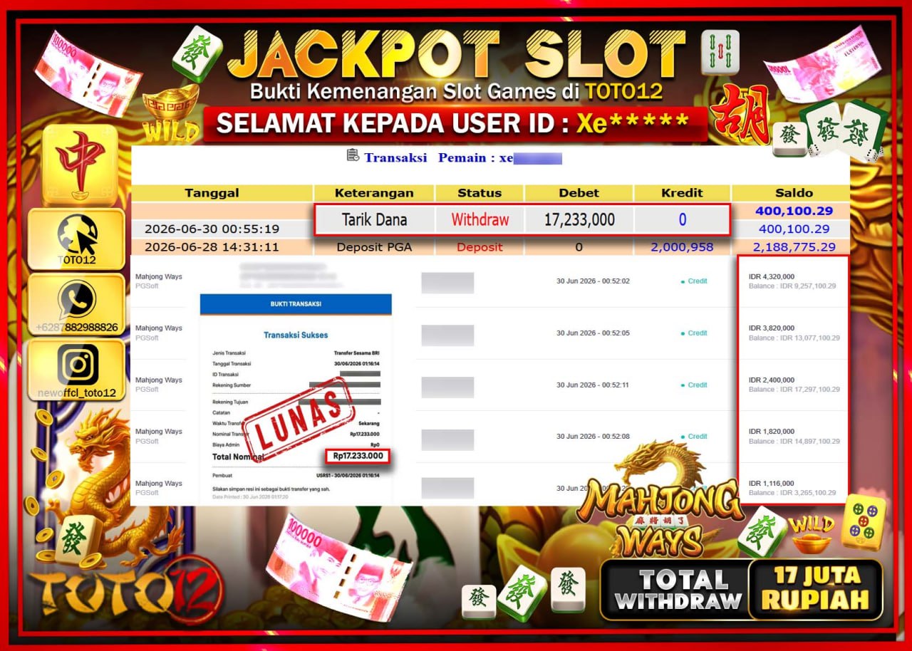 HANYA DI TOTO12 JP PASTI DI BAYAR LUNAS DAN CEPAT!!!!!! JACKPOT SLOT GAME (MAHJONG WAYS) Rp17.233.000!!!!