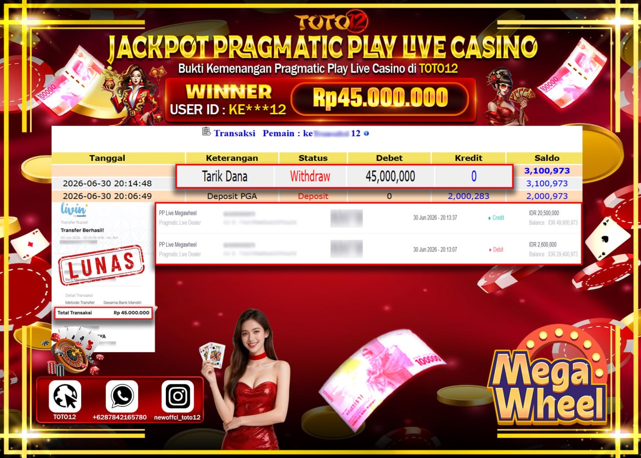 HANYA DI TOTO12 JP PASTI DI BAYAR LUNAS DAN CEPAT!!!!!! JACKPOT PRAGMATIC PLAY LIVE GAME CASINO (PP LIVE MEGAWHEEL) Rp45.000.000!!!!