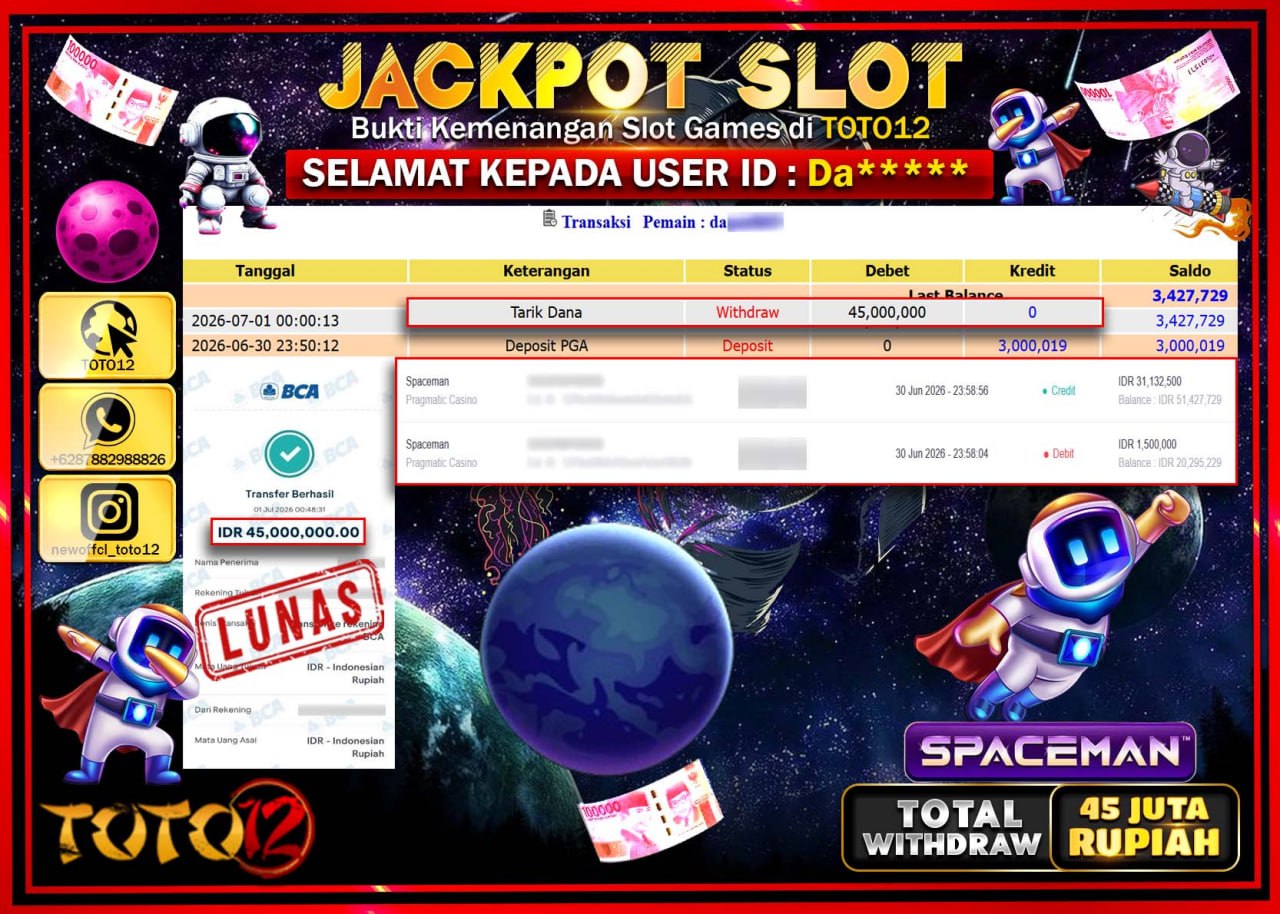 HANYA DI TOTO12 JP PASTI DI BAYAR LUNAS DAN CEPAT!!!!!! JACKPOT SLOT GAME (SPACEMAN) Rp45.000.000!!!!