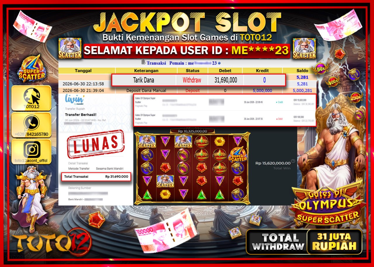 HANYA DI TOTO12 JP PASTI DI BAYAR LUNAS DAN CEPAT!!!!!! JACKPOT SLOT GAME (GATES OF OLYMPUS SUPER SCATTER) Rp31.690.000!!!!