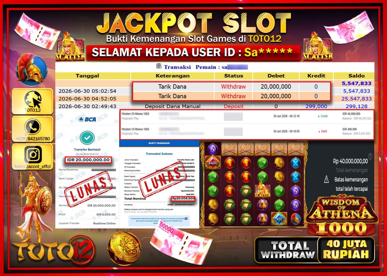 HANYA DI TOTO12 JP PASTI DI BAYAR LUNAS DAN CEPAT!!!!!! JACKPOT SLOT GAME (WISDOM OF ATHENA 1000) Rp40.000.000!!!!