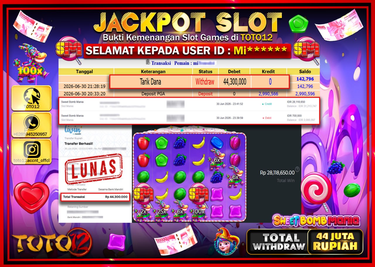 HANYA DI TOTO12 JP PASTI DI BAYAR LUNAS DAN CEPAT!!!!!! JACKPOT SLOT GAME (SWEET BOMB MANIA) Rp43.300.000!!!!