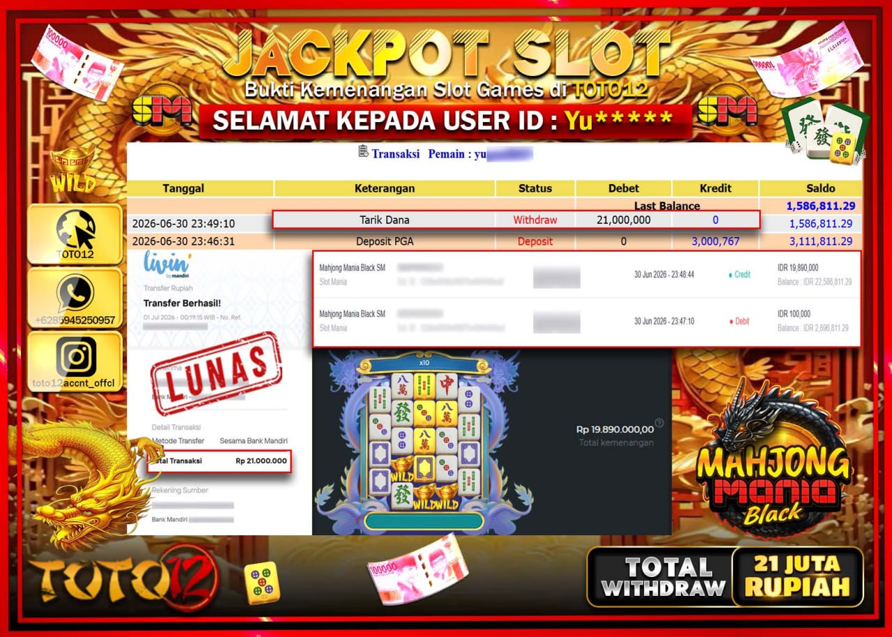 HANYA DI TOTO12 JP PASTI DI BAYAR LUNAS DAN CEPAT!!!!!! JACKPOT SLOT GAME (MAHJONG MANIA BLACK) Rp21.000.000!!!!
