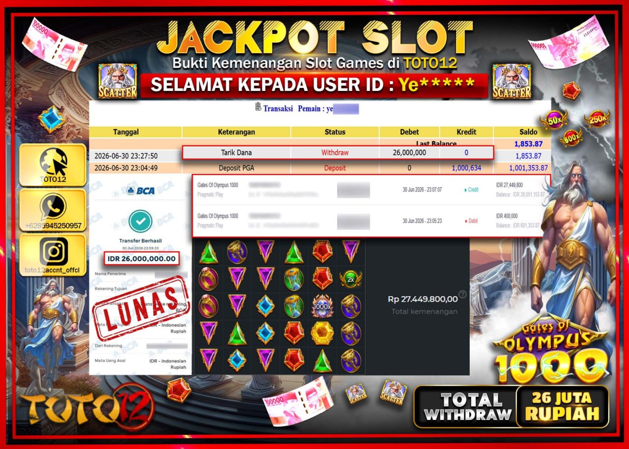 HANYA DI TOTO12 JP PASTI DI BAYAR LUNAS DAN CEPAT!!!!!! JACKPOT SLOT GAME (GATES OF OLYMPUS 1000) Rp26.000.000!!!!