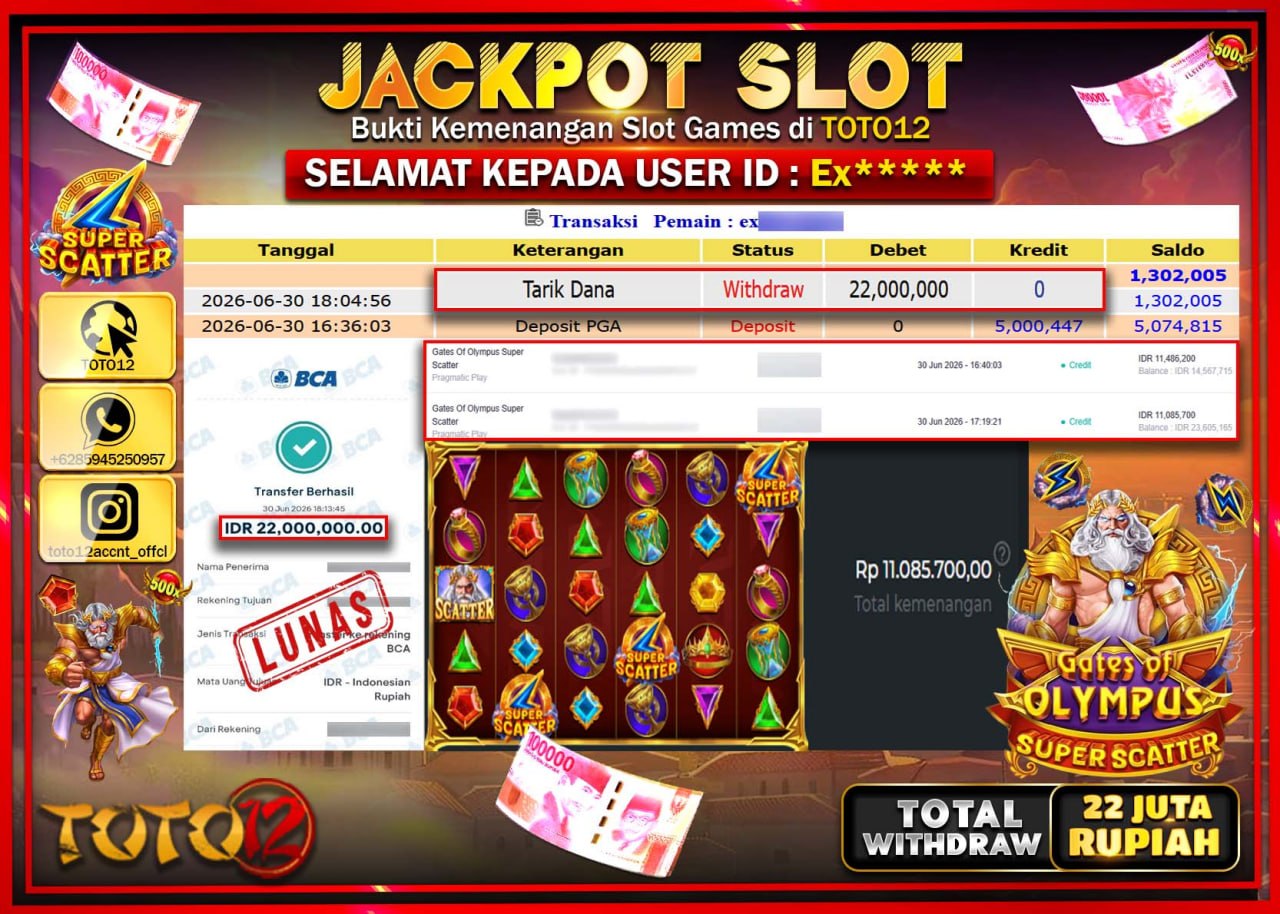 HANYA DI TOTO12 JP PASTI DI BAYAR LUNAS DAN CEPAT!!!!!! JACKPOT SLOT GAME (GATES OF OLYMPUS SUPER SCATTER) Rp22.000.000!!!!