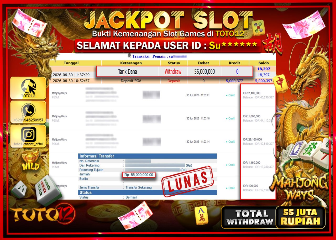 HANYA DI TOTO12 JP PASTI DI BAYAR LUNAS DAN CEPAT!!!!!! JACKPOT SLOT GAME (MAHJONG WAYS) Rp55.000.000!!!!
