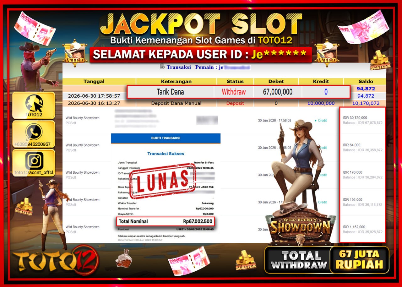 HANYA DI TOTO12 JP PASTI DI BAYAR LUNAS DAN CEPAT!!!!!! JACKPOT SLOT GAME (WILD BOUNTY SHOWDOWN) Rp67.000.000!!!!