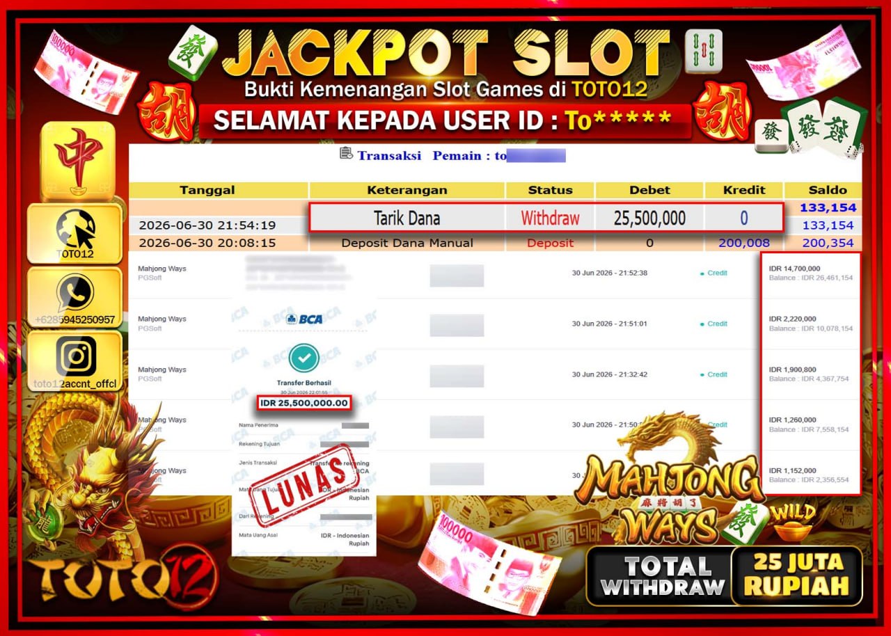 HANYA DI TOTO12 JP PASTI DI BAYAR LUNAS DAN CEPAT!!!!!! JACKPOT SLOT GAME (MAHJONG WAYS) Rp25.500.000!!!!