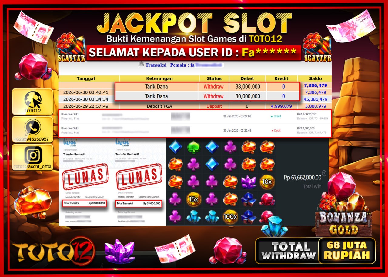 HANYA DI TOTO12 JP PASTI DI BAYAR LUNAS DAN CEPAT!!!!!! JACKPOT SLOT GAME (BONANZA GOLD) Rp68.000.000!!!!