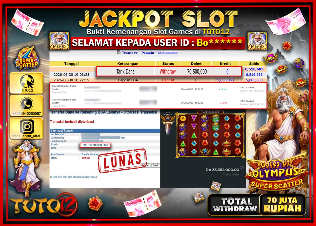 HANYA DI TOTO12 JP PASTI DI BAYAR LUNAS DAN CEPAT!!!!!! JACKPOT SLOT GAME (GATES OF OLYMPUS SUPER SCATTER) Rp70.500.000!!!!