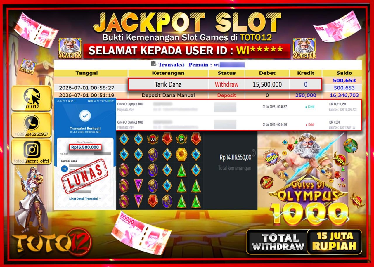 HANYA DI TOTO12 JP PASTI DI BAYAR LUNAS DAN CEPAT!!!!!! JACKPOT SLOT GAME (GATES OF OLYMPUS 1000) Rp15.500.000!!!!