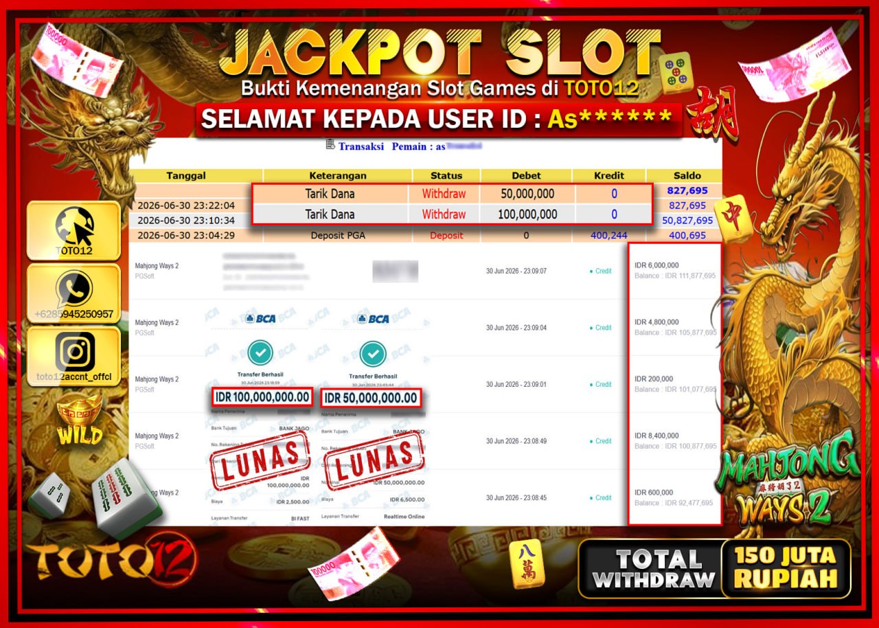 HANYA DI TOTO12 JP PASTI DI BAYAR LUNAS DAN CEPAT!!!!!! JACKPOT SLOT GAME (MAHJONG WAYS 2) Rp150.000.000!!!!