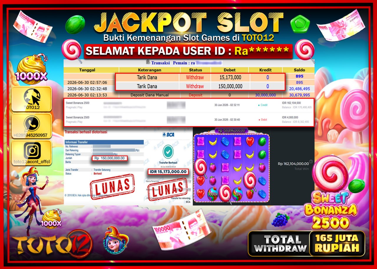 HANYA DI TOTO12 JP PASTI DI BAYAR LUNAS DAN CEPAT!!!!!! JACKPOT SLOT GAME (SWEET BONANZA 2500) Rp165.173.000!!!!