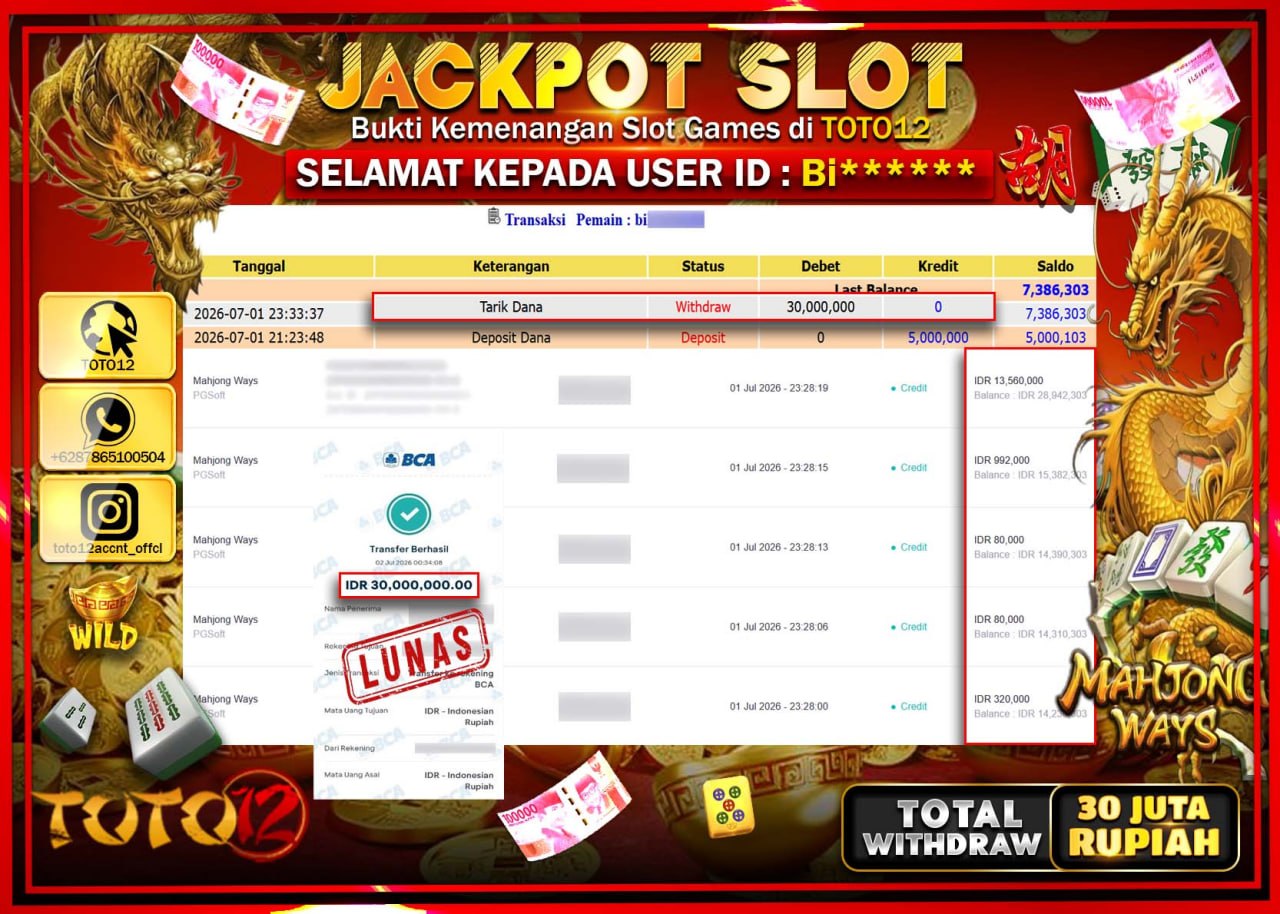 HANYA DI TOTO12 JP PASTI DI BAYAR LUNAS DAN CEPAT!!!!!! JACKPOT SLOT GAME (MAHJONG WAYS) Rp30.000.000!!!!