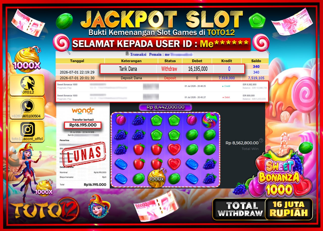 HANYA DI TOTO12 JP PASTI DI BAYAR LUNAS DAN CEPAT!!!!!! JACKPOT SLOT GAME (SWEET BONANZA 1000) Rp16.195.000!!!!