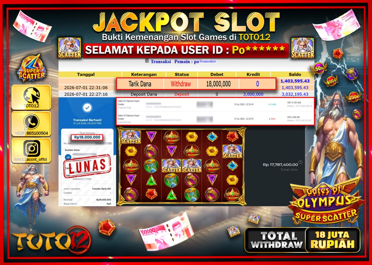 HANYA DI TOTO12 JP PASTI DI BAYAR LUNAS DAN CEPAT!!!!!! JACKPOT SLOT GAME (GATES OF OLYMPUS SUPER SCATTER) Rp18.000.000!!!!