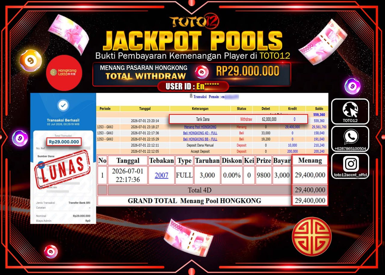 HANYA DI TOTO12 JP PASTI DI BAYAR LUNAS DAN CEPAT!!!!!! JACKPOT POOLS PASARAN (HONGKONG) Rp29.000.000!!!!