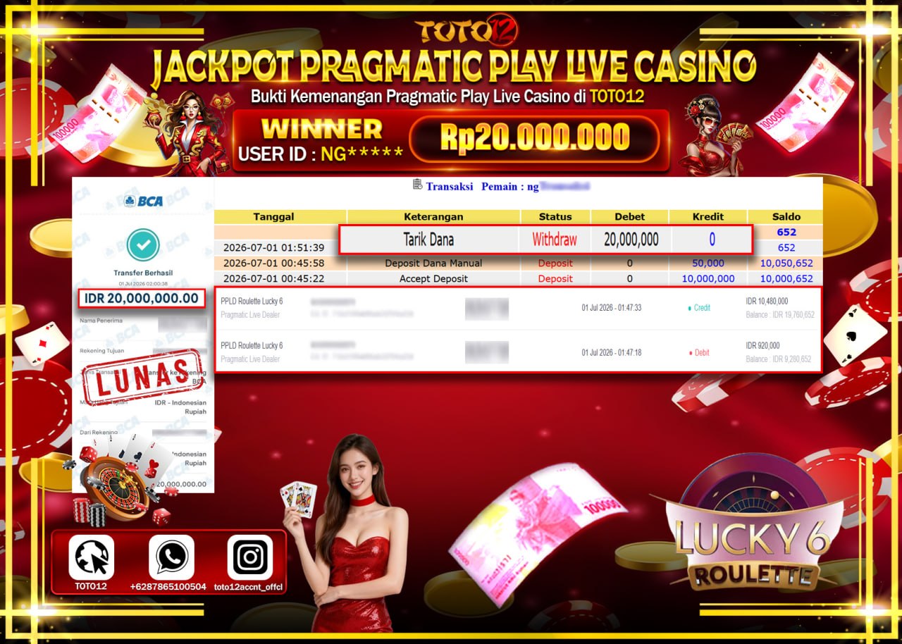 HANYA DI TOTO12 JP PASTI DI BAYAR LUNAS DAN CEPAT!!!!!! JACKPOT PRAGMATIC PLAY LIVE GAME CASINO (PPLD ROULETTE LUCKY 6) Rp20.000.000!!!!