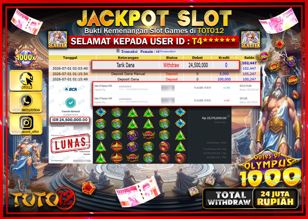 HANYA DI TOTO12 JP PASTI DI BAYAR LUNAS DAN CEPAT!!!!!! JACKPOT SLOT GAME (GATES OF OLYMPUS 1000) Rp24.500.000!!!!