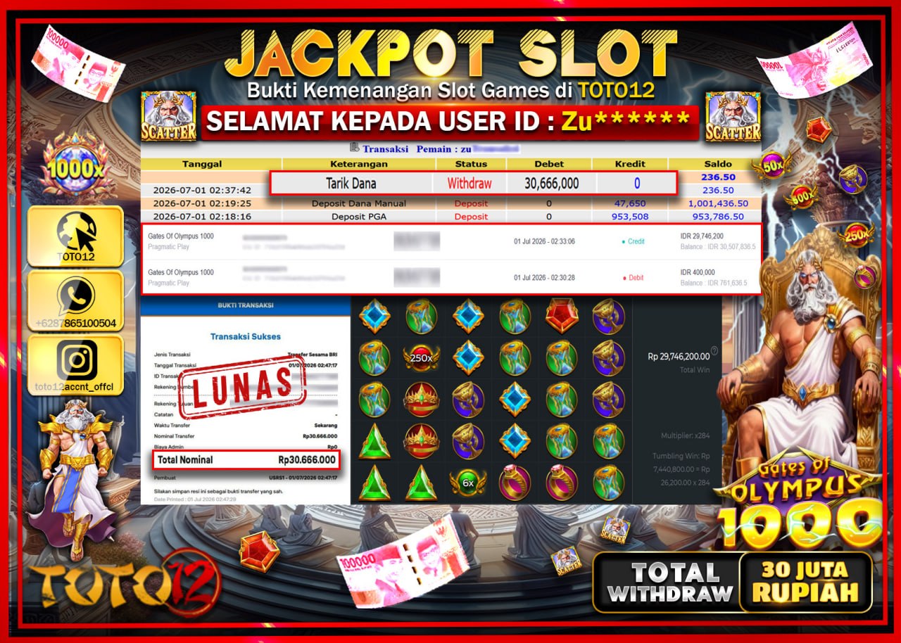 HANYA DI TOTO12 JP PASTI DI BAYAR LUNAS DAN CEPAT!!!!!! JACKPOT SLOT GAME (GATES OF OLYMPUS 1000) Rp30.666.000!!!!