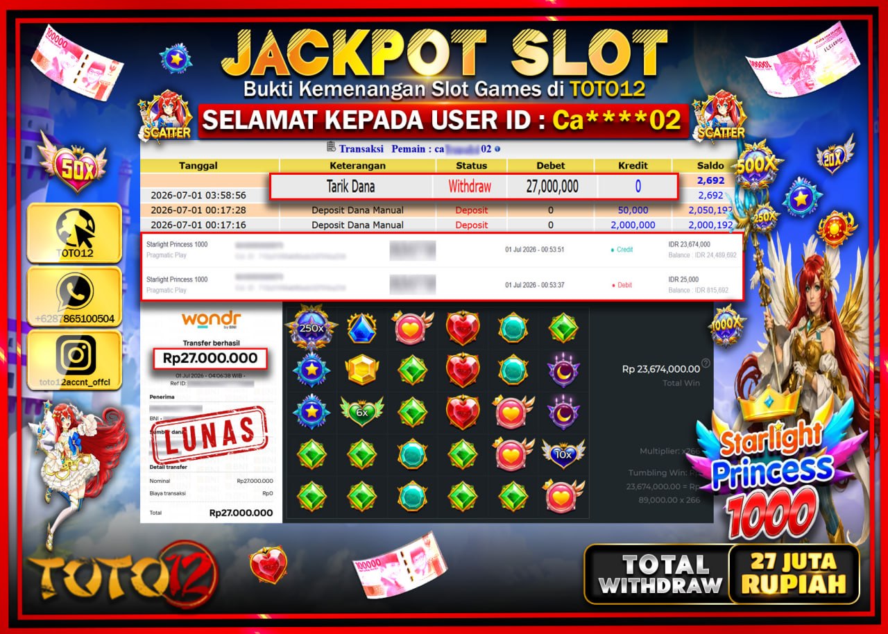 HANYA DI TOTO12 JP PASTI DI BAYAR LUNAS DAN CEPAT!!!!!! JACKPOT SLOT GAME (STARLIGHT PRINCESS 1000) Rp27.000.000!!!!