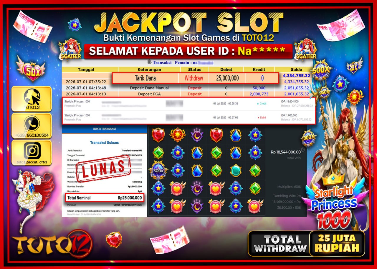 HANYA DI TOTO12 JP PASTI DI BAYAR LUNAS DAN CEPAT!!!!!! JACKPOT SLOT GAME (STARLIGHT PRINCESS 1000) Rp25.000.000!!!!