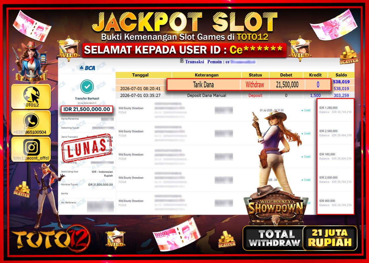 HANYA DI TOTO12 JP PASTI DI BAYAR LUNAS DAN CEPAT!!!!!! JACKPOT SLOT GAME (WILD BOUNTY SHOWDOWN) Rp21.500.000!!!!
