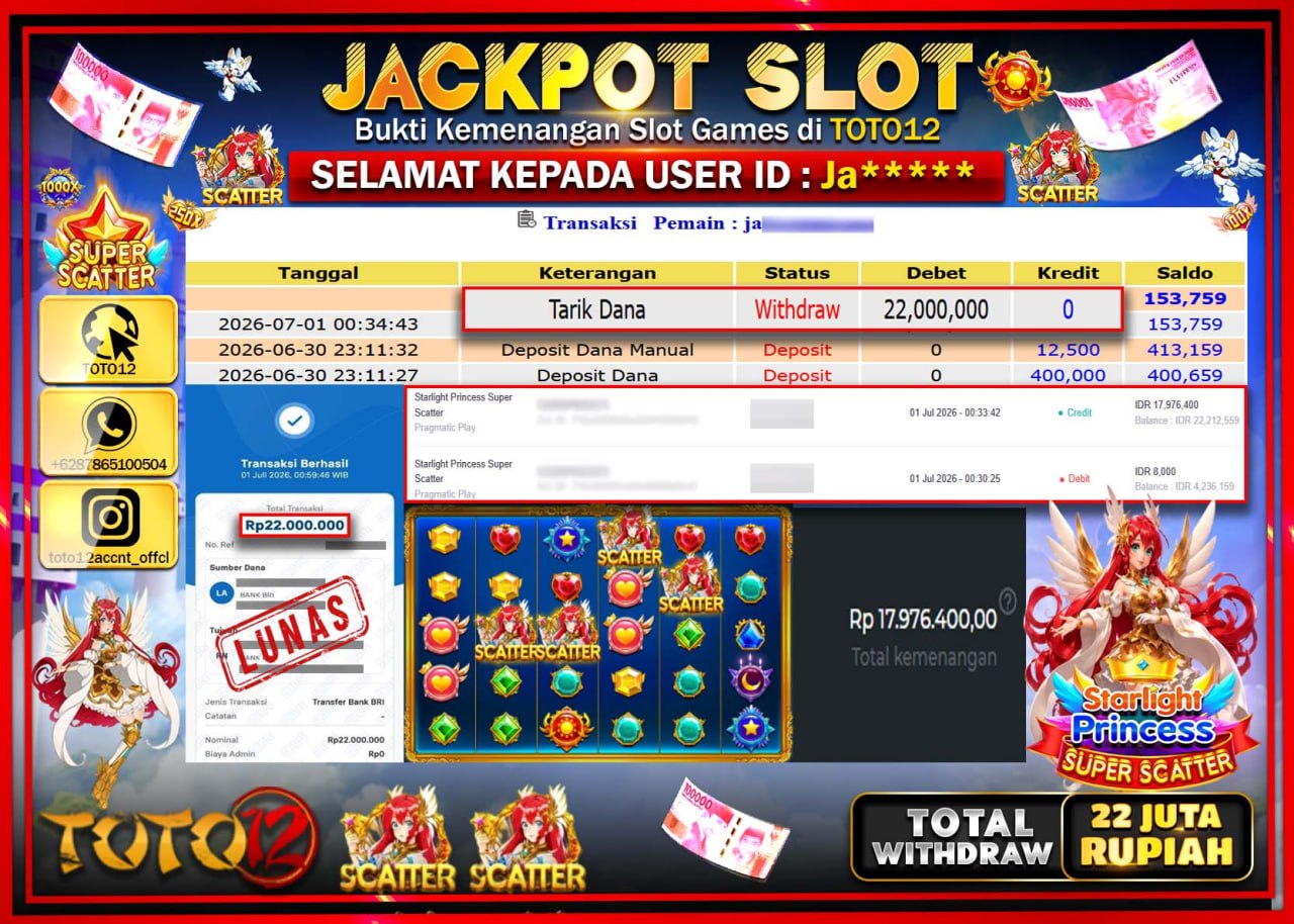 HANYA DI TOTO12 JP PASTI DI BAYAR LUNAS DAN CEPAT!!!!!! JACKPOT SLOT GAME (STARLIGHT PRICESS SUPER SCATTER) Rp22.000.000!!!!