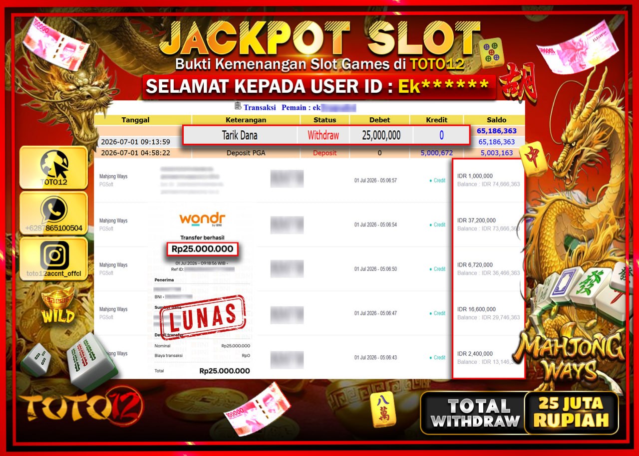 HANYA DI TOTO12 JP PASTI DI BAYAR LUNAS DAN CEPAT!!!!!! JACKPOT SLOT GAME (MAHJONG WAYS) Rp25.000.000!!!!