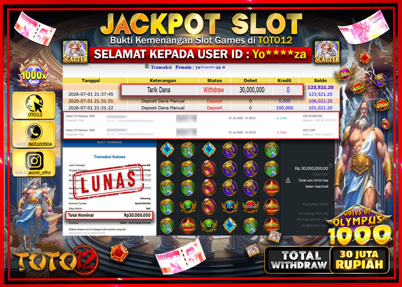 HANYA DI TOTO12 JP PASTI DI BAYAR LUNAS DAN CEPAT!!!!!! JACKPOT SLOT GAME (GATES OF OLYMPUS 1000) Rp30.000.000!!!!