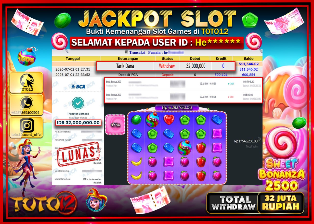 HANYA DI TOTO12 JP PASTI DI BAYAR LUNAS DAN CEPAT!!!!!! JACKPOT SLOT GAME (SWEET BONANZA 2500) Rp32.000.000!!!!