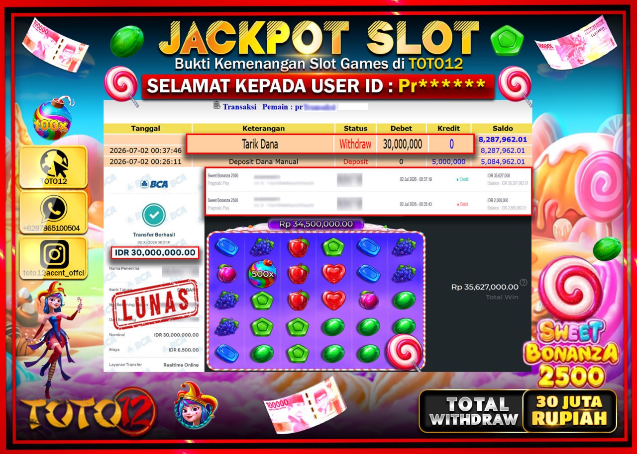 HANYA DI TOTO12 JP PASTI DI BAYAR LUNAS DAN CEPAT!!!!!! JACKPOT SLOT GAME (SWEET BONANZA 2500) Rp30.000.000!!!!