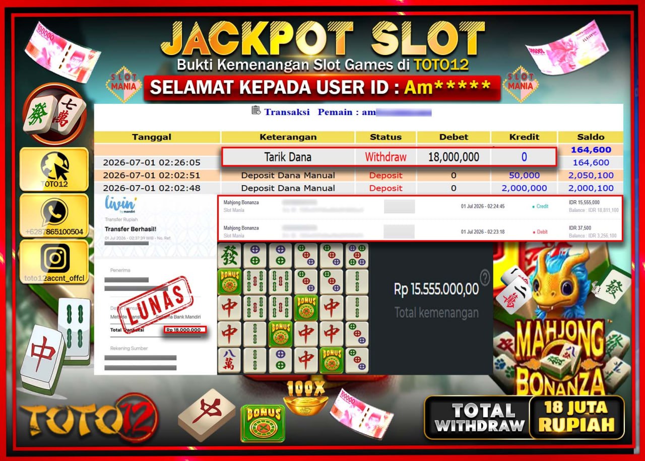 HANYA DI TOTO12 JP PASTI DI BAYAR LUNAS DAN CEPAT!!!!!! JACKPOT SLOT GAME (MAHJONG BONANZA) Rp18.000.000!!!!