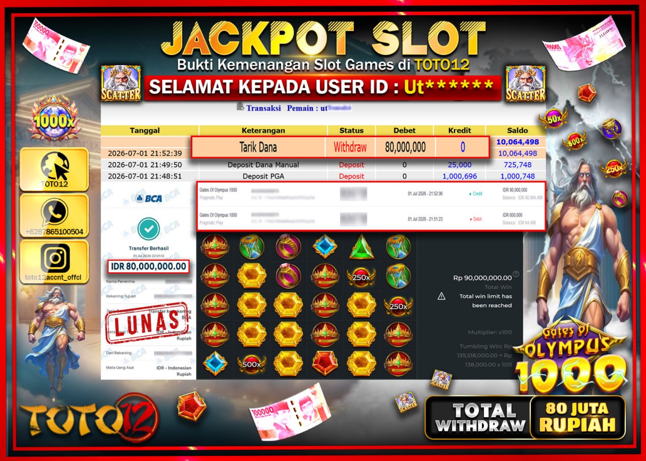 HANYA DI TOTO12 JP PASTI DI BAYAR LUNAS DAN CEPAT!!!!!! JACKPOT SLOT GAME (GATES OF OLYMPUS 1000) Rp80.000.000!!!!