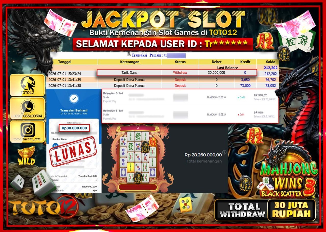 HANYA DI TOTO12 JP PASTI DI BAYAR LUNAS DAN CEPAT!!!!!! JACKPOT SLOT GAME (MAHJONG WINS 3 BLACK SCATTER) Rp30.000.000!!!!
