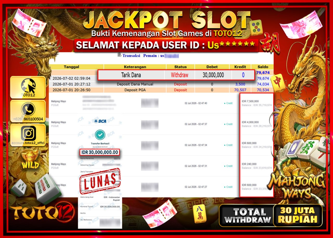 HANYA DI TOTO12 JP PASTI DI BAYAR LUNAS DAN CEPAT!!!!!! JACKPOT SLOT GAME (MAHJONG WAYS) Rp30.000.000!!!!
