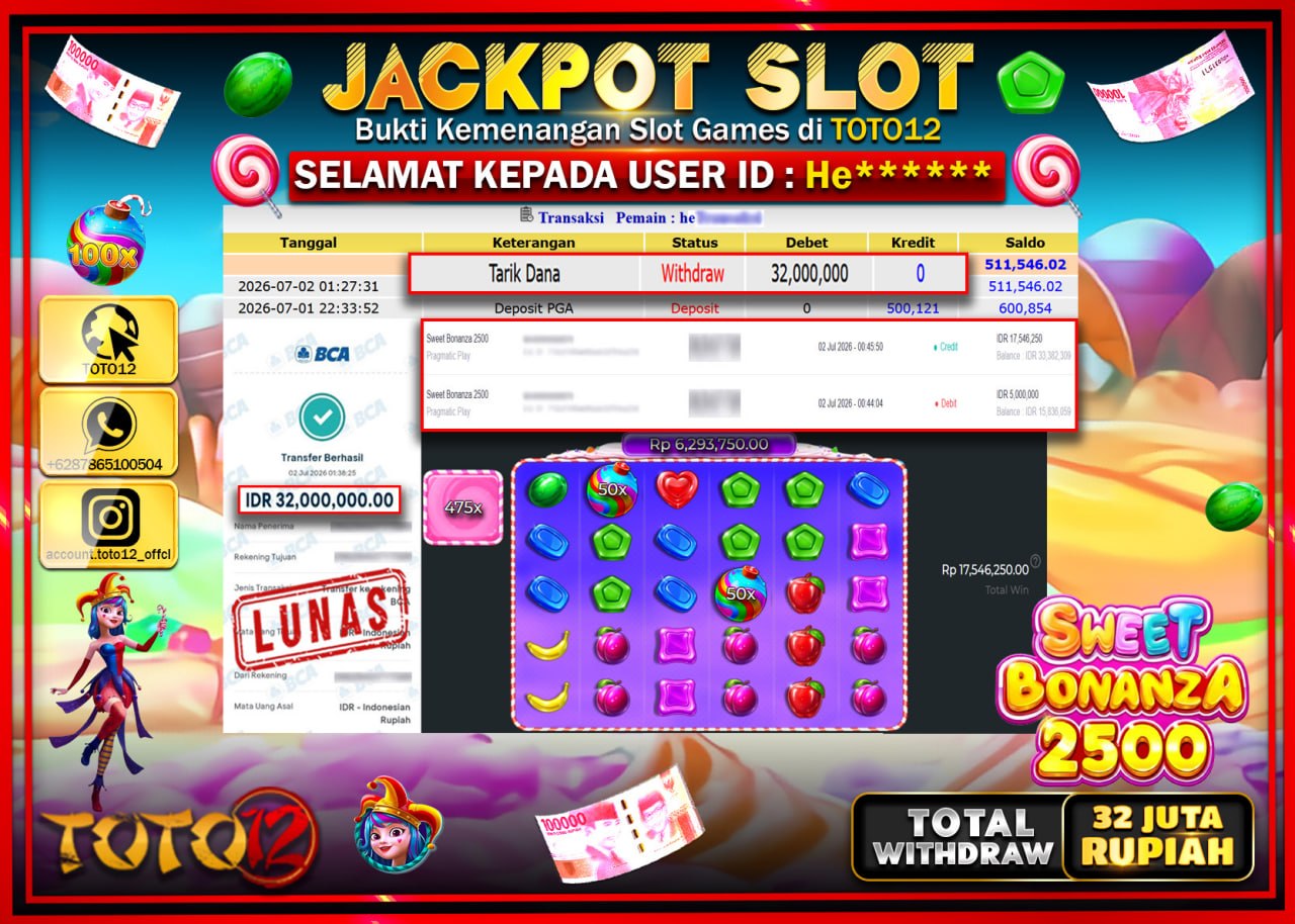 HANYA DI TOTO12 JP PASTI DI BAYAR LUNAS DAN CEPAT!!!!!! JACKPOT SLOT GAME (SWEET BONANZA 2500) Rp32.000.000!!!!