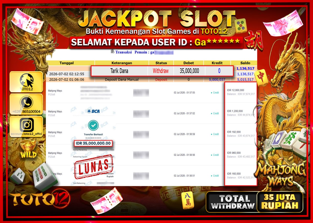 HANYA DI TOTO12 JP PASTI DI BAYAR LUNAS DAN CEPAT!!!!!! JACKPOT SLOT GAME (MAHJONG WAYS) Rp35.000.000!!!!