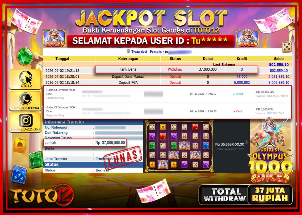 HANYA DI TOTO12 JP PASTI DI BAYAR LUNAS DAN CEPAT!!!!!! JACKPOT SLOT GAME (GATES OF OLYMPUS 1000 DICE) Rp37.000.000!!!!