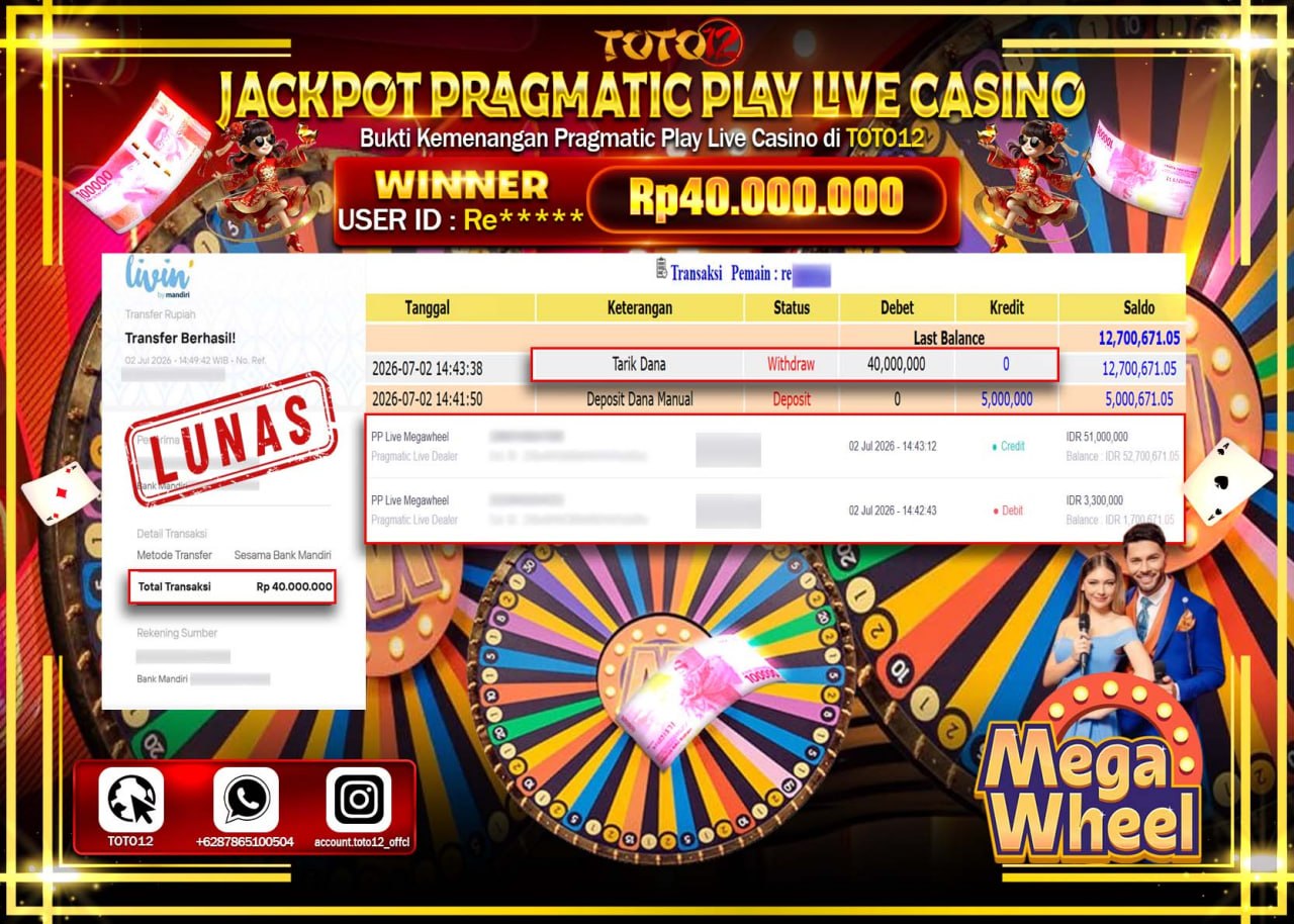 HANYA DI TOTO12 JP PASTI DI BAYAR LUNAS DAN CEPAT!!!!!! JACKPOT PRAGMATIC PLAY LIVE GAME CASINO (PP LIVE MEGAWHEEL) Rp41.000.000!!!!